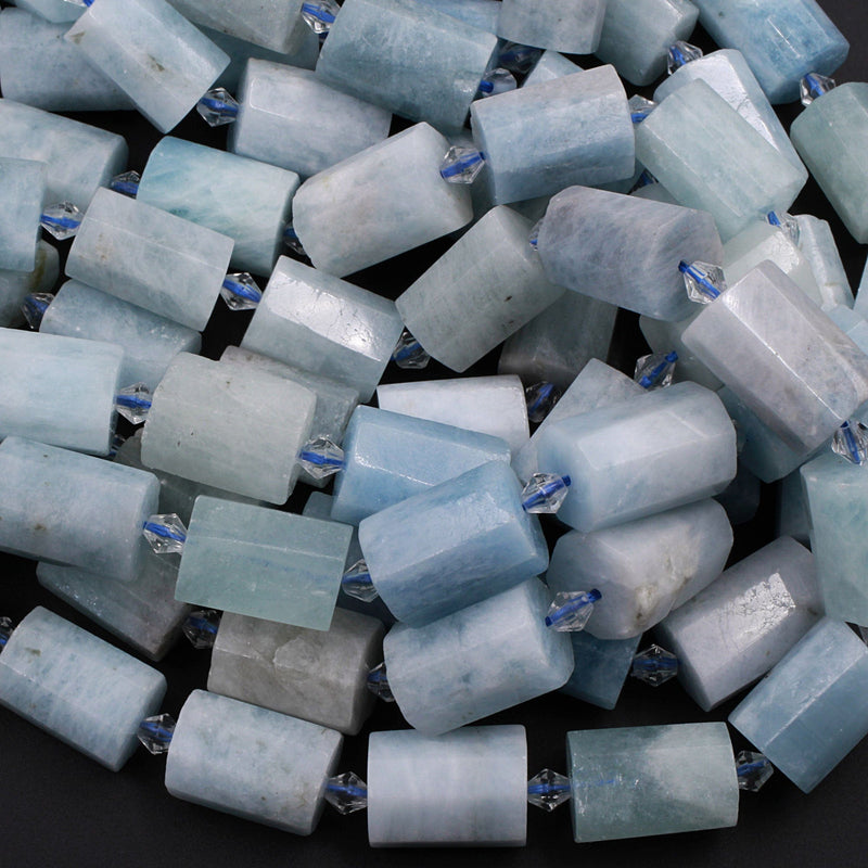 Faceted Natural Aquamarine Cylinder Tube Beads High Quality Blue Aquamarine Gemstone Full 16" Strand