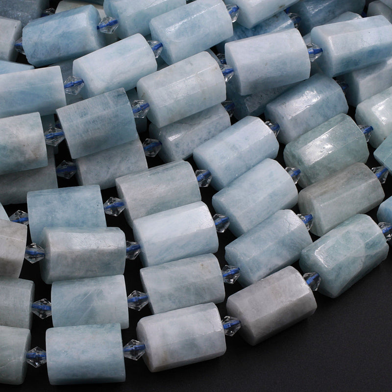 Faceted Natural Aquamarine Cylinder Tube Beads High Quality Blue Aquamarine Gemstone Full 16" Strand
