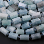 Faceted Natural Aquamarine Cylinder Tube Beads High Quality Blue Aquamarine Gemstone Full 16" Strand