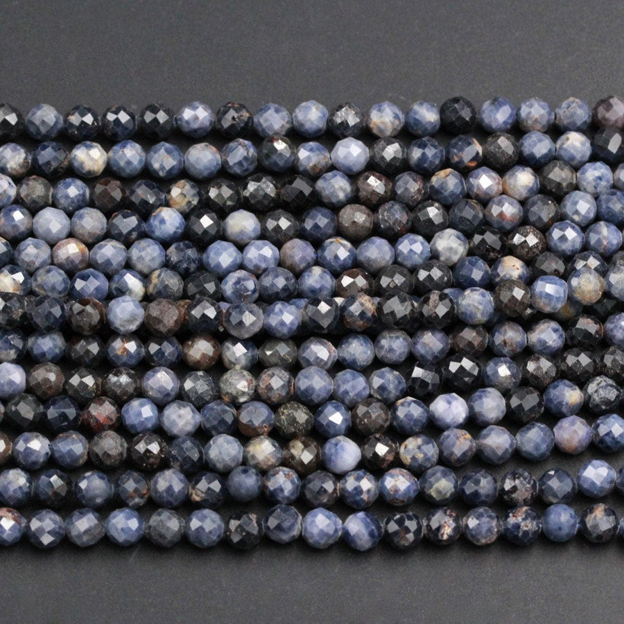 Natural Blue Sapphire Round Beads 3mm 4mm 5mm Faceted Round Beads Earthy Genuine Real Blue Sapphire Gemstone 16" Strand