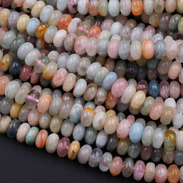 Multicolor Pink Blue Green Aquamarine Morganite Beryl Smooth Rondelle Beads 8mm 10mm 16" Strand
