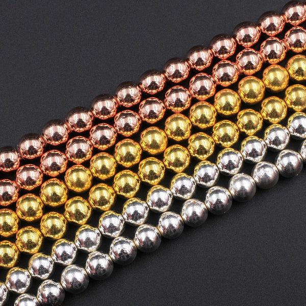 Titanium Hematite Round Beads Electroplated Bright Silver Rose Gold 2mm 3mm 4mm 6mm 8mm 16" Strand