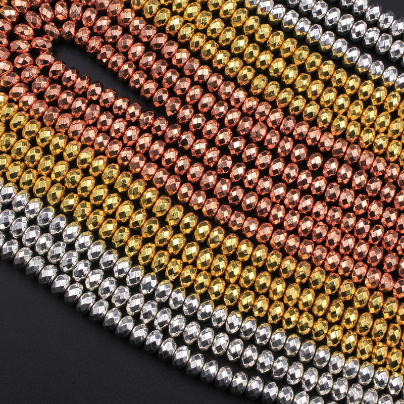 Titanium Hematite Faceted Rondelle Beads Electroplated Bright Silver Rose Gold 3mm 4mm 6mm 15.5" Strand