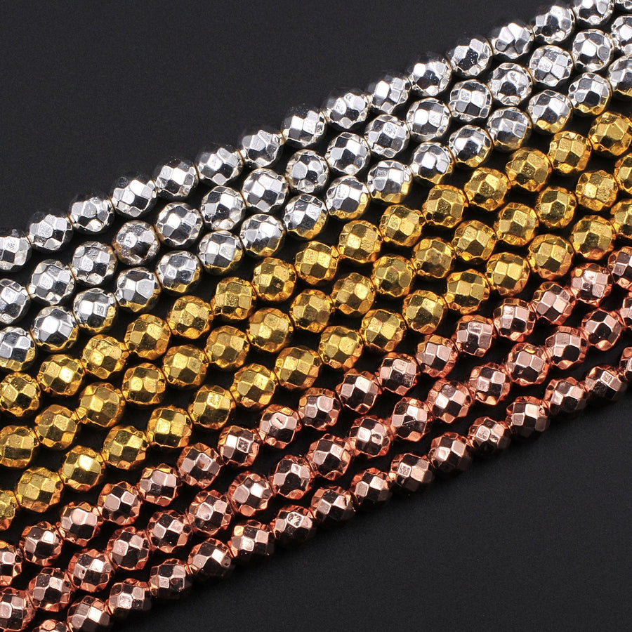 Faceted Titanium Hematite Round Beads Electroplated Bright Silver Rose Gold 2mm 3mm 4mm 6mm 8mm 16" Strand