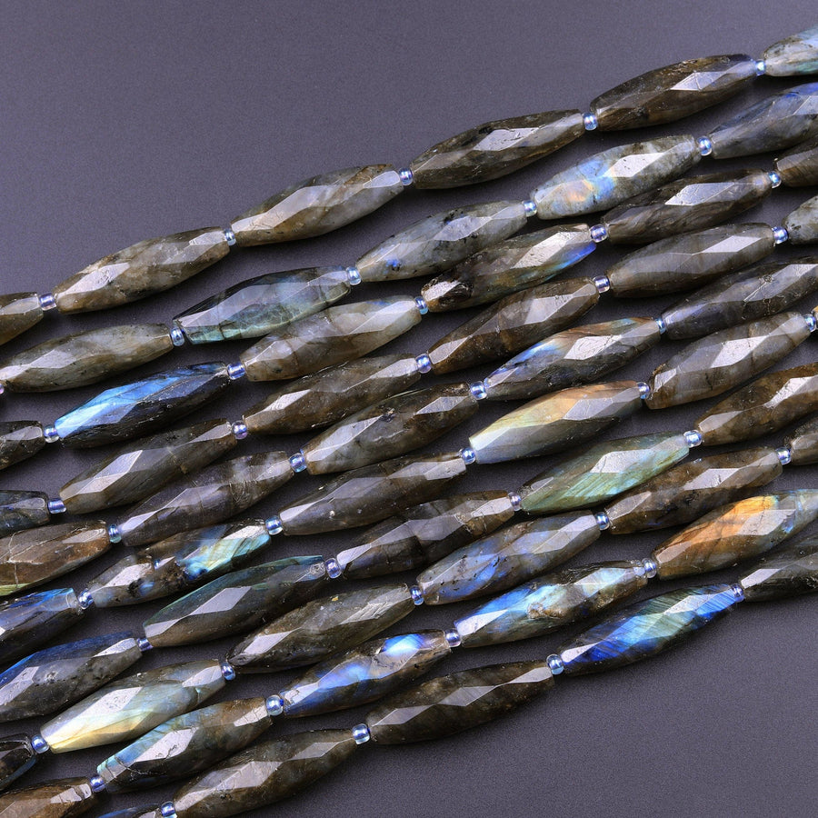 Faceted Marquise Shape Dark Labradorite Long Cylinder Oval Tube Beads 16" Strand