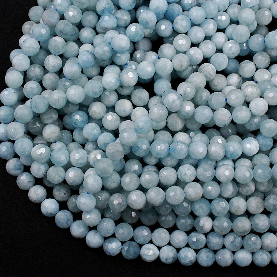 Micro Faceted Natural Soft Blue Aquamarine 8mm Faceted Round Beads Laser Diamond Cut Gemstone 16" Strand