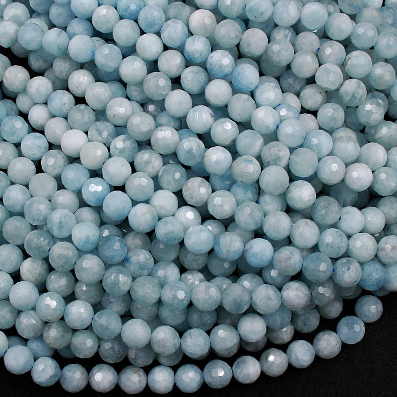 Micro Faceted Natural Soft Blue Aquamarine 8mm Faceted Round Beads Laser Diamond Cut Gemstone 16" Strand