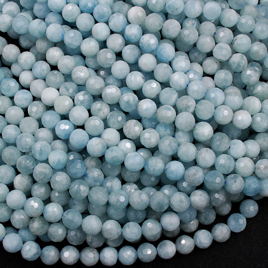Micro Faceted Natural Soft Blue Aquamarine 8mm Faceted Round Beads Laser Diamond Cut Gemstone 16" Strand