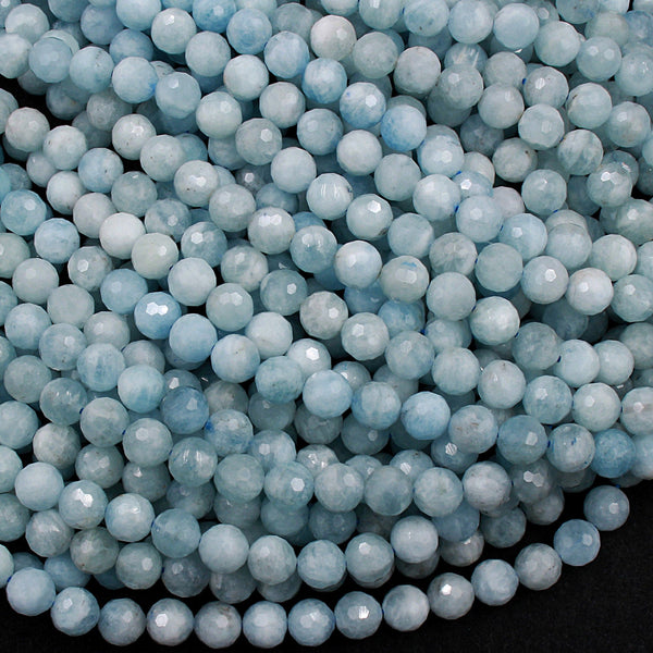Micro Faceted Natural Soft Blue Aquamarine 8mm Faceted Round Beads Laser Diamond Cut Gemstone 16" Strand
