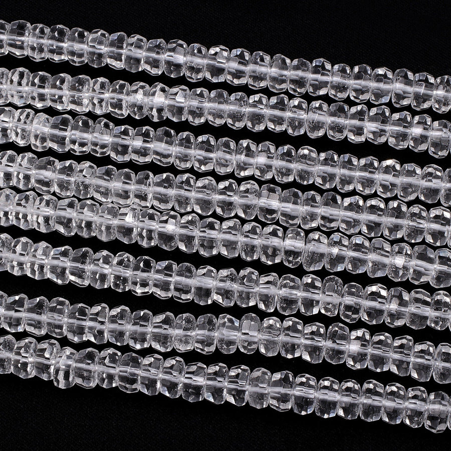 AAA Faceted Natural Rock Crystal Quartz 8mm Rondelle Beads Extra Icy Clear Rock Crystal Sparkling Diamond Cut 16" Strand
