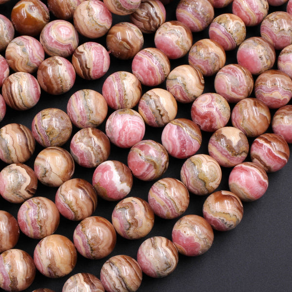 Rare Natural Pink Honey Brown Rhodochrosite 12mm Round Beads 16" Strand