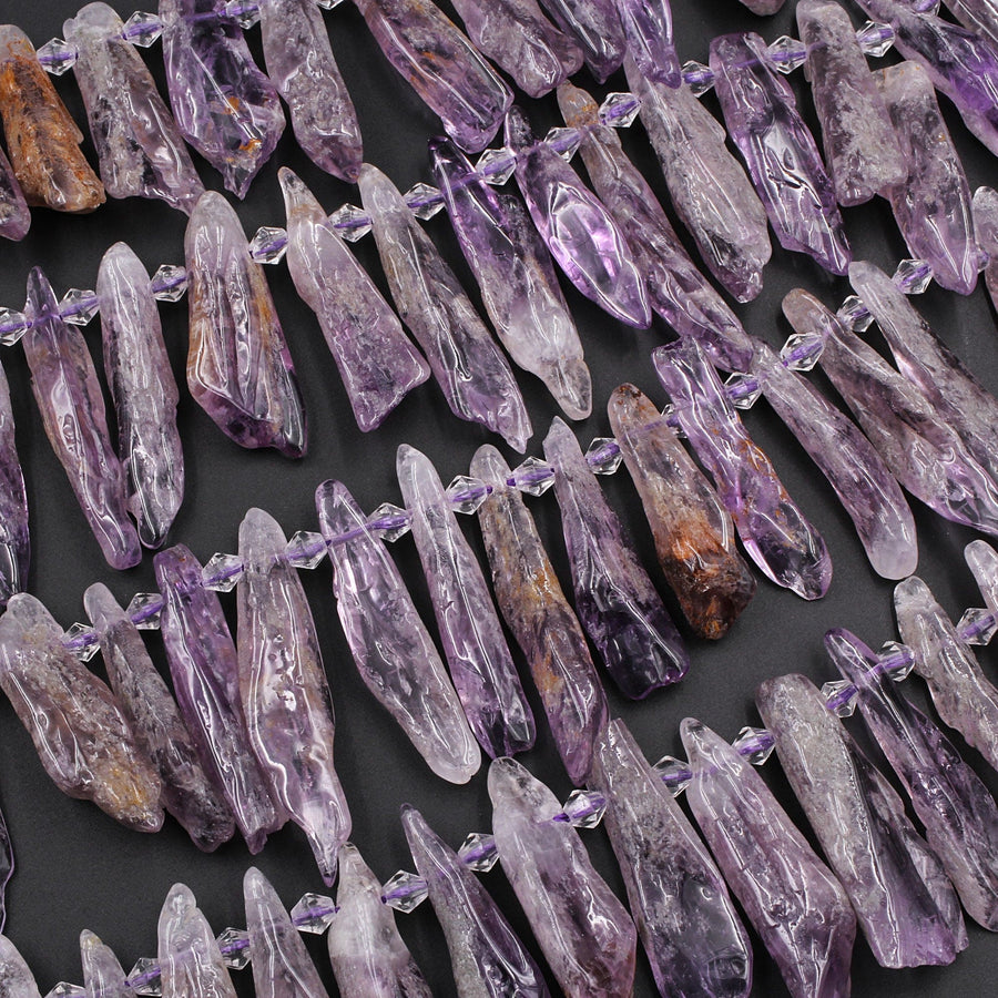 Super Long Amethyst Beads Side Drilled Freeform Spear Point Rough Raw Organic Purple Amethyst Crystal Gemstone Pendant 16" Strand