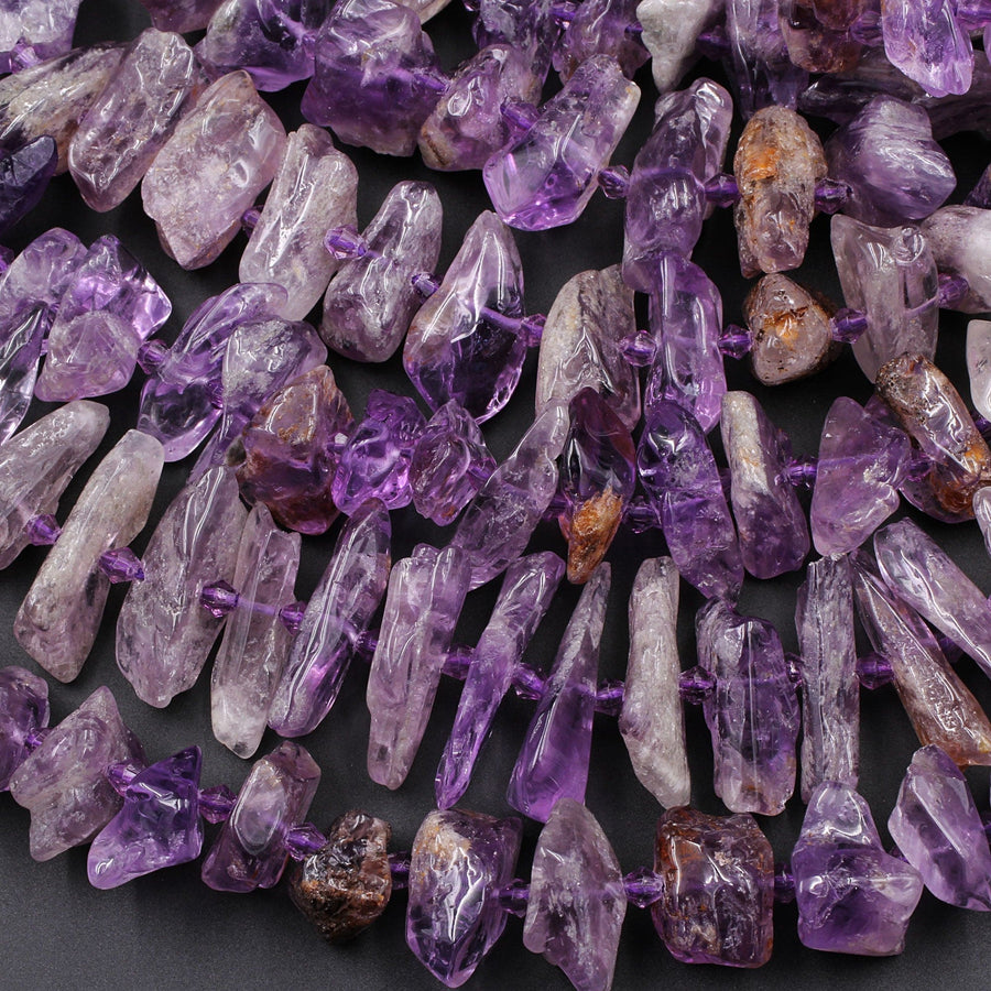 Natural Amethyst Beads Center Drilled Freeform Spear Point Rough Raw Organic Purple Amethyst Crystal Gemstone 16" Strand
