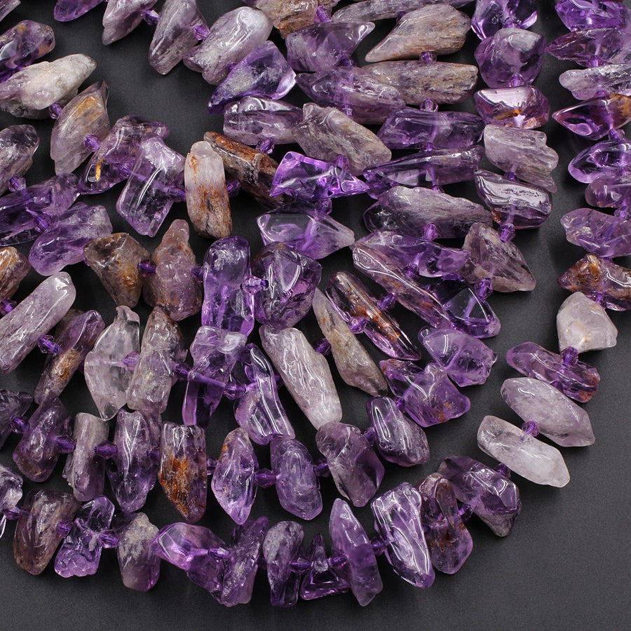 Natural Amethyst Beads Center Drilled Freeform Spear Point Rough Raw Organic Purple Amethyst Crystal Gemstone 16" Strand