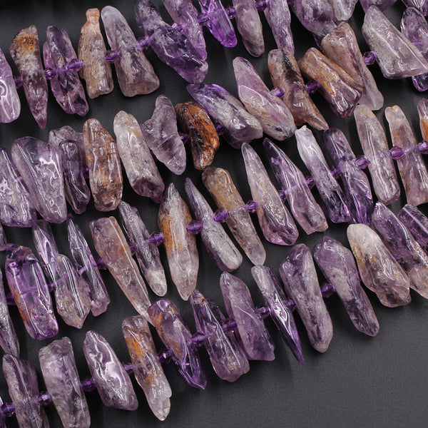 Raw Amethyst Point Beads Center Drilled Freeform Crystal Spike 15.5" Strand