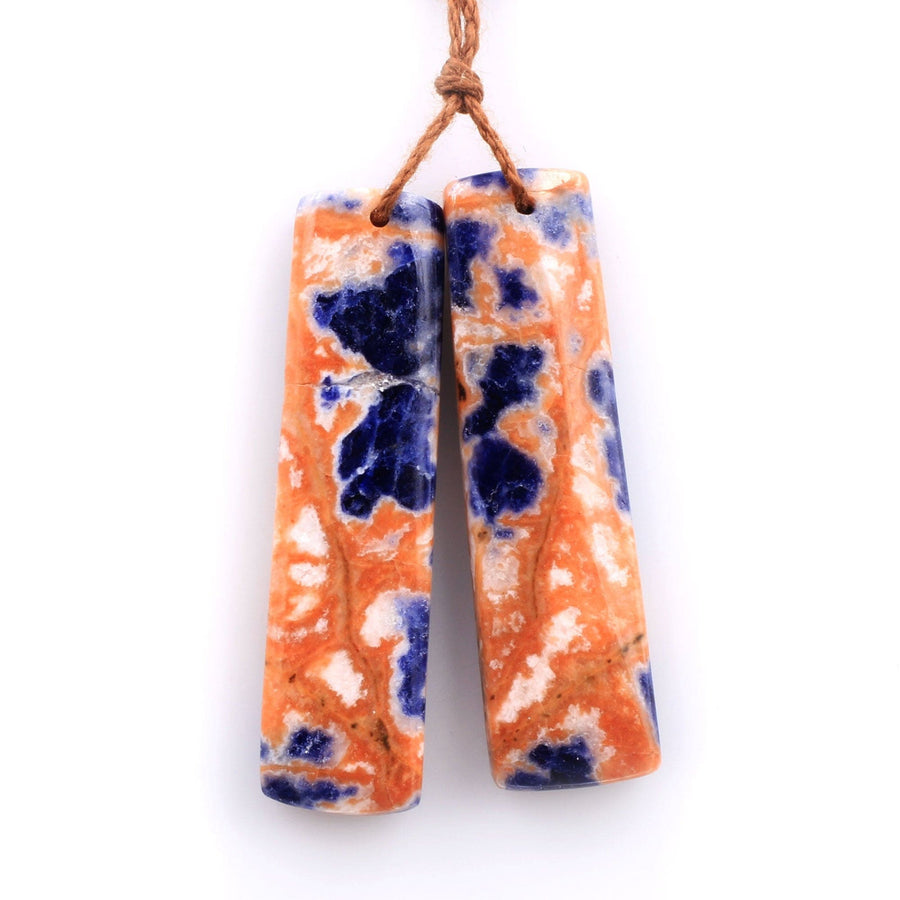 Drilled Natural Orange Sodalite Rectangle Earring Pair Matched Gemstone Bead Pair Natural Vibrant Blue Orange Stone