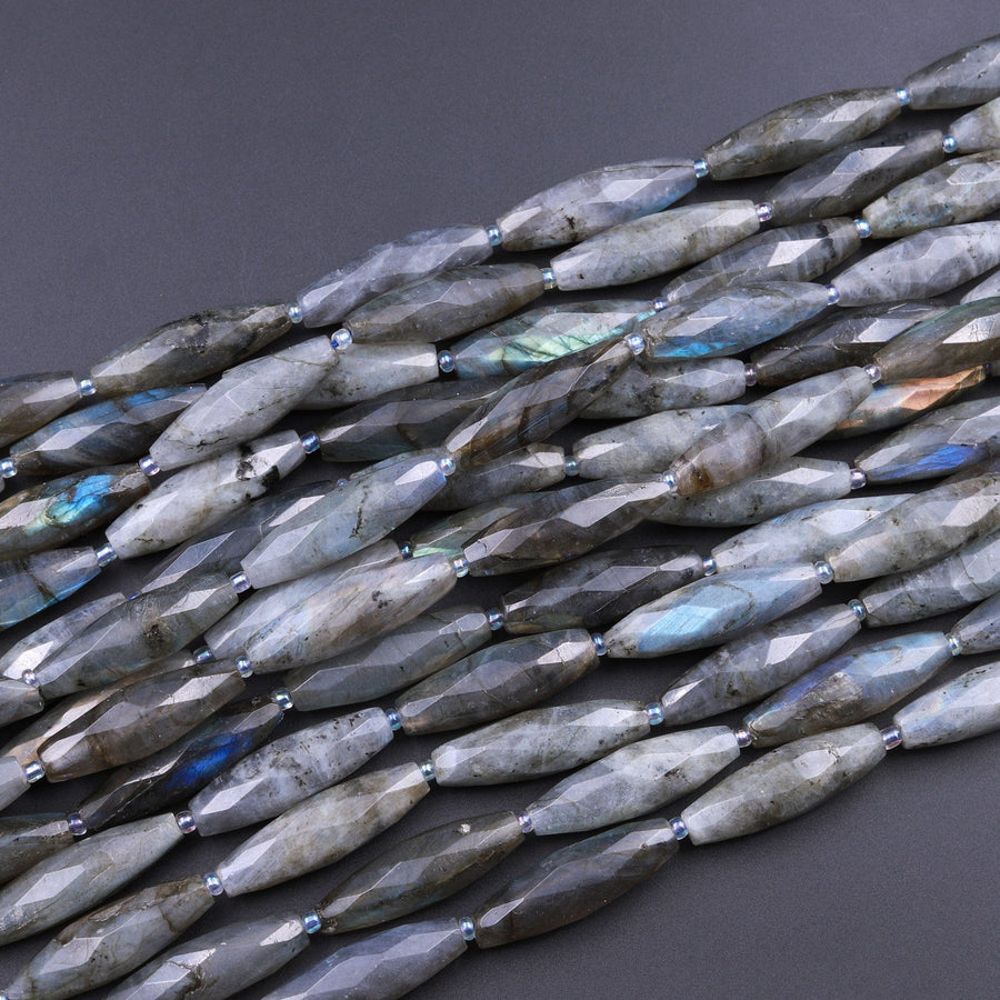 Faceted Marquise Shape Gray Labradorite Long Cylinder Oval Tube Beads 16" Strand