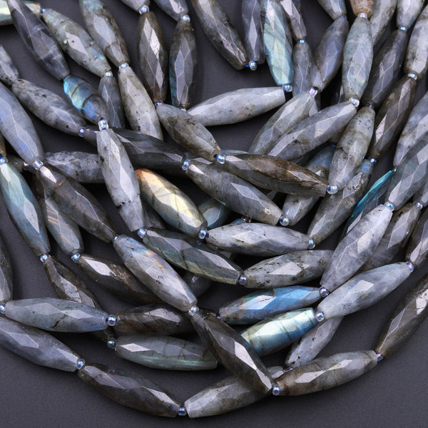 Faceted Marquise Shape Gray Labradorite Long Cylinder Oval Tube Beads 16" Strand