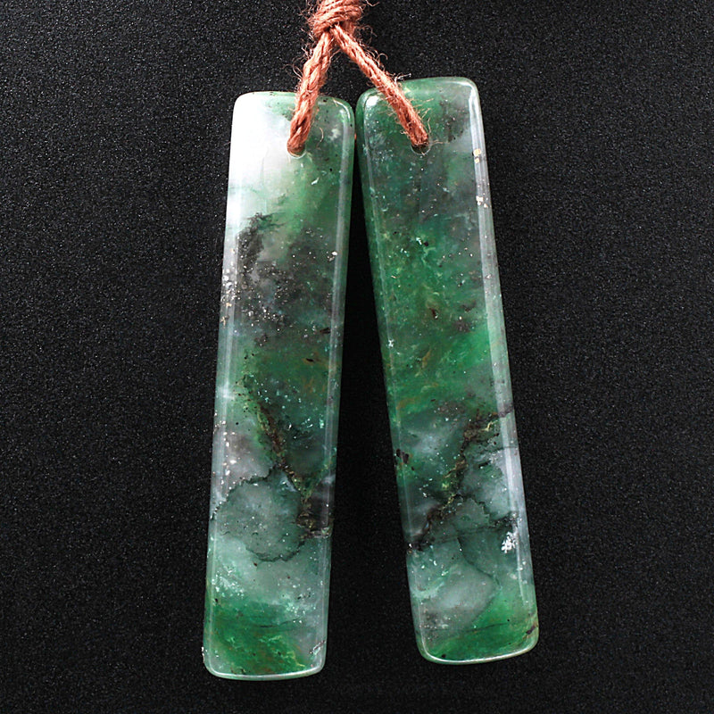 Rare! Pyrite in Green Jade Rectangle Stone Pair Matched Gemstone Earrings Bead Pair A3