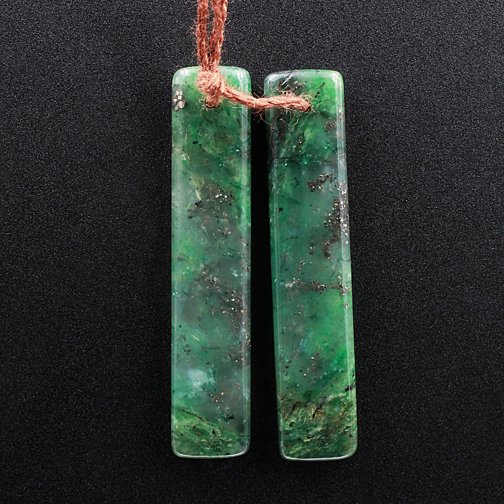 Rare! Pyrite in Green Jade Rectangle Stone Pair Matched Gemstone Earrings Bead Pair A4