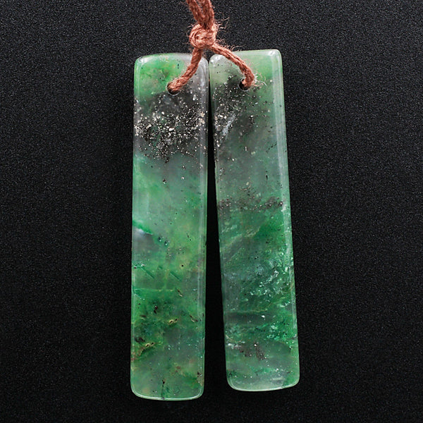 Rare! Pyrite in Green Jade Rectangle Stone Pair Matched Gemstone Earrings Bead Pair A5