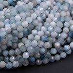 Micro Faceted Natural Aquamarine 4mm 5mm Round Beads Laser Diamond Cut Real Genuine Blue Aquamarine Gemstone 16" Strand