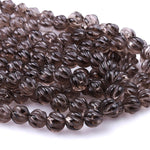 Hand Carved Smoky Quartz 8mm Round Melon Beads 16" Strand