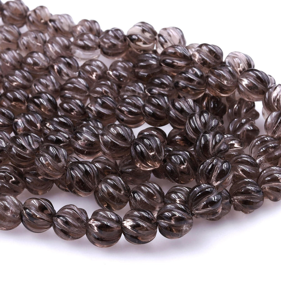 Hand Carved Smoky Quartz 8mm Round Melon Beads 16" Strand