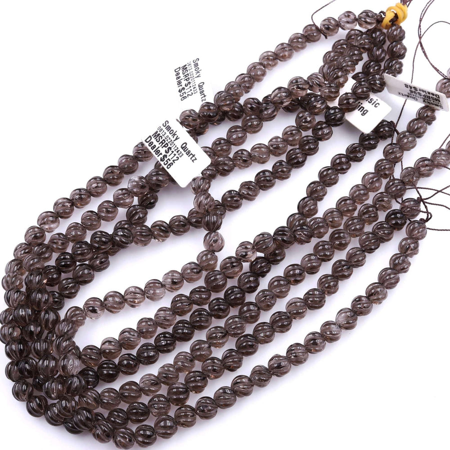 Hand Carved Smoky Quartz 8mm Round Melon Beads 16" Strand