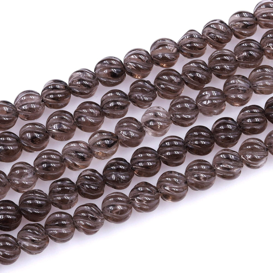 Hand Carved Smoky Quartz 8mm Round Melon Beads 16" Strand