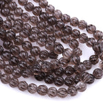 Hand Carved Smoky Quartz 8mm Round Melon Beads 16" Strand