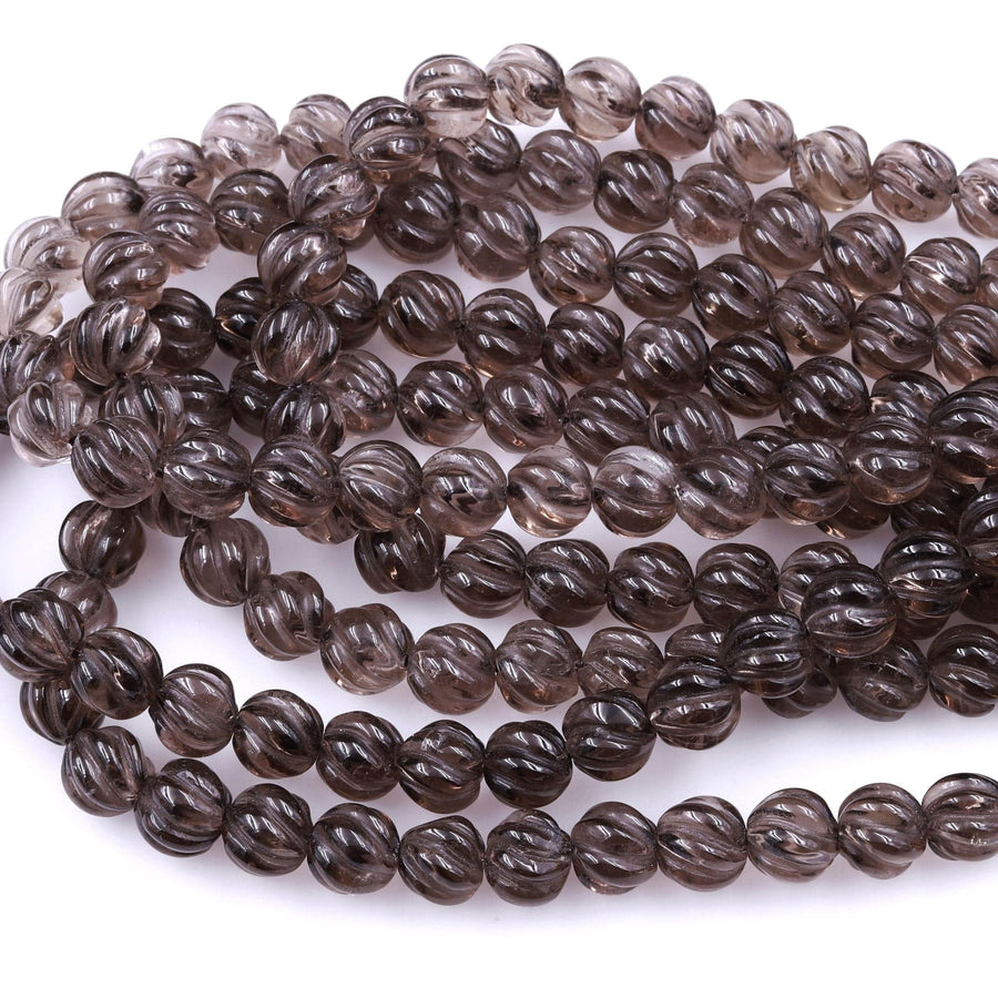 Hand Carved Smoky Quartz 8mm Round Melon Beads 16" Strand