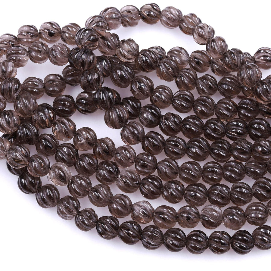 Hand Carved Smoky Quartz 8mm Round Melon Beads 16" Strand