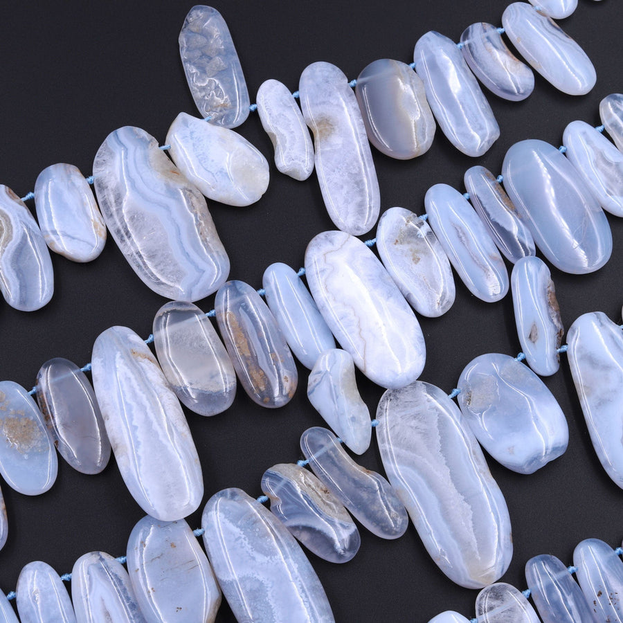 Side Drilled Large Natural Blue Lace Agate Freeform Oval Pendant Beads Designer Quality 16" Strand