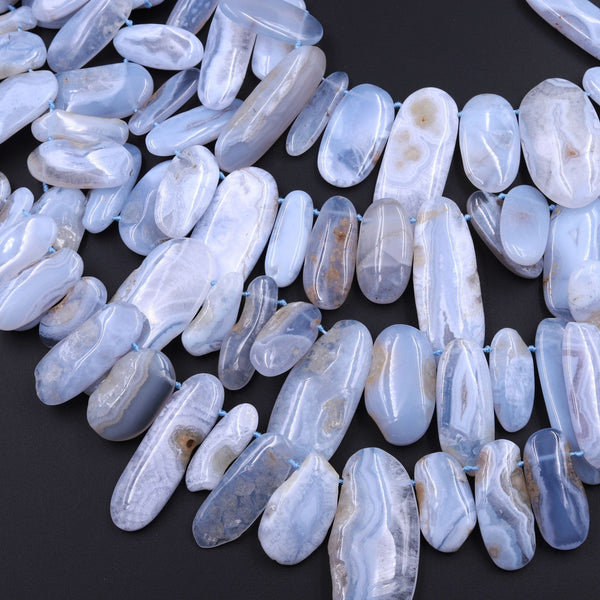 Side Drilled Large Natural Blue Lace Agate Freeform Oval Pendant Beads Designer Quality 16" Strand