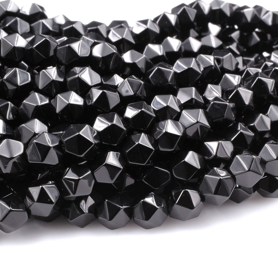 Star Cut Black Onyx Beads Faceted 6mm 8mm 10mm Rounded Nugget Sharp Facets 15" Strand