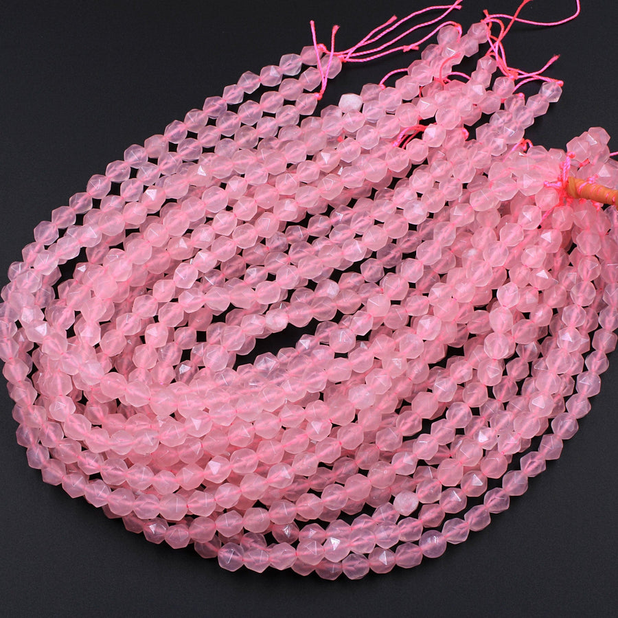 Star Cut Pink Rose Quartz Beads Faceted 8mm 10mm Rounded Nugget Sharp Facets 15&quot; Strand