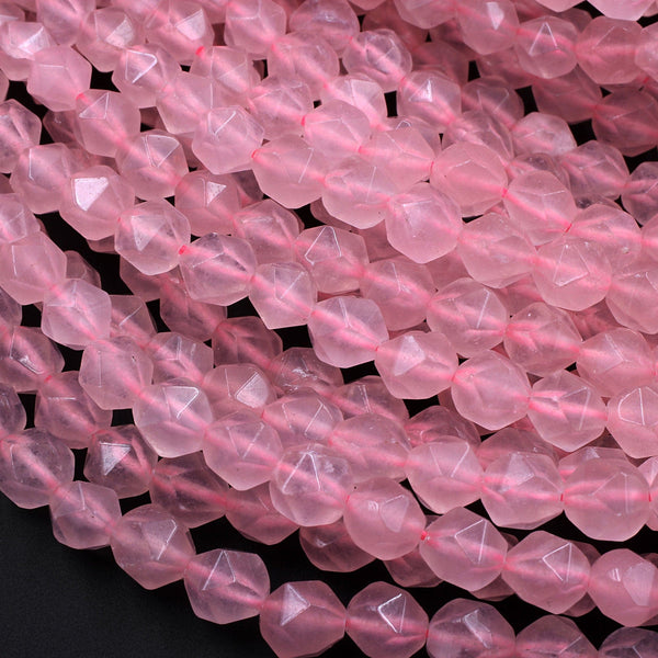 Star Cut Pink Rose Quartz Beads Faceted 8mm 10mm Rounded Nugget Sharp Facets 15&quot; Strand