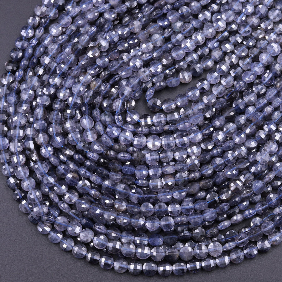 Faceted 4mm 6mm Iolite Coin Beads Flat Disc Dazzling Facets Natural Gemstone 15.5" Strand