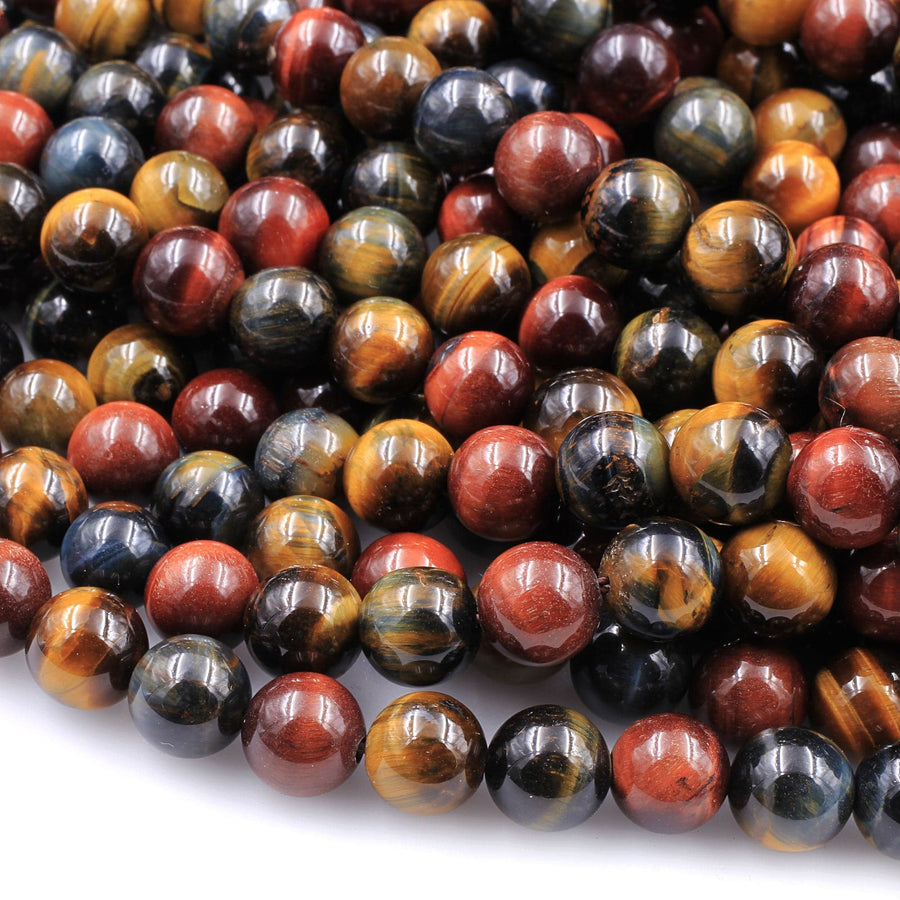 AAA Natural Blue Red Gold Brown Tiger's Eye Beads Smooth 6mm 8mm 10mm 12mm Round Tricolor Multicolor 15.5" Strand