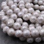 Faceted Genuine Freshwater Silver Pearl 10mm Round Shimmery Iridescent Beads 16" Strand