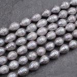 Faceted Genuine Freshwater Silver Pearl Teardrop Shimmery Iridescent Beads 16" Strand