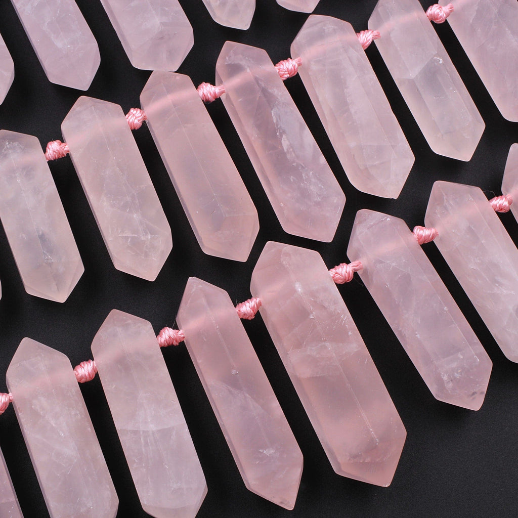 Matte Pink Rose Quartz Double Terminated Point Beads Large Side Drilled Focal Pendant Bullet Bicone 16" Strand