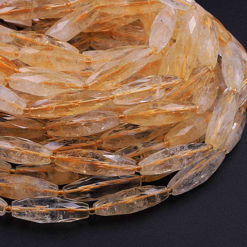 Faceted Marquise Shape Natural Golden Citrine Long Cylinder Oval Tube Beads 16" Strand