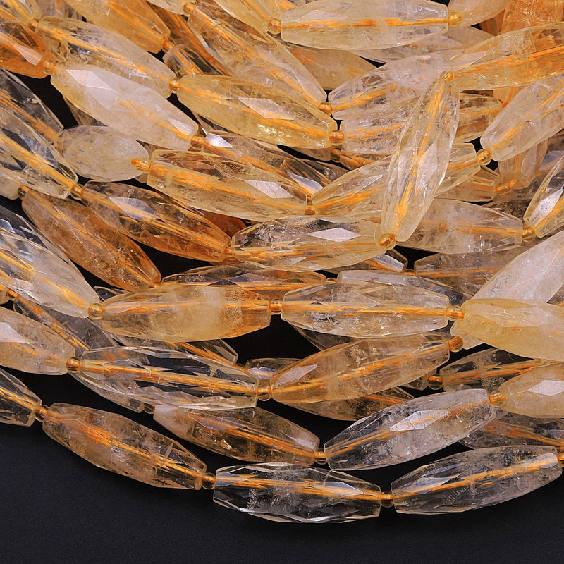 Faceted Marquise Shape Natural Golden Citrine Long Cylinder Oval Tube Beads 16" Strand