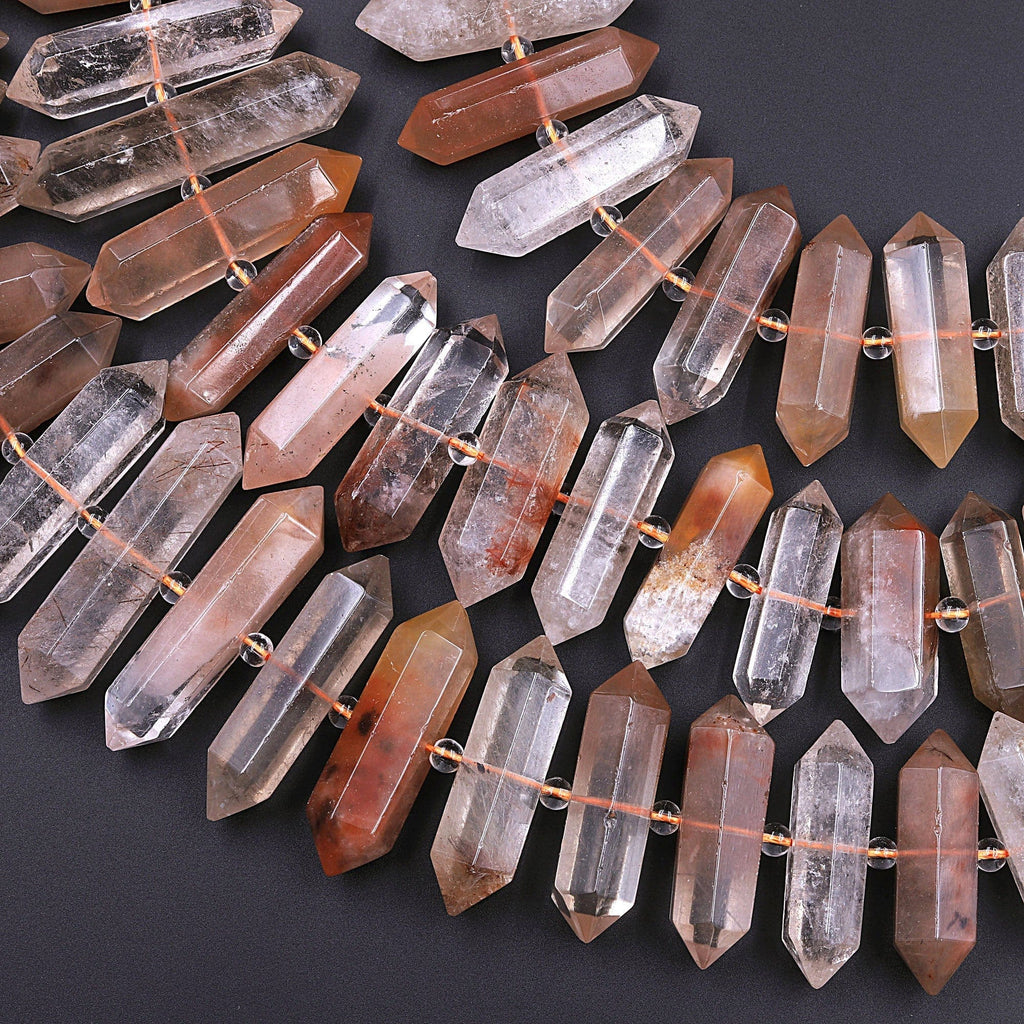 Rare Red Phantom Quartz Beads Double Terminated Gemstone Points Drilled Lodalite Pendant 16" Strand