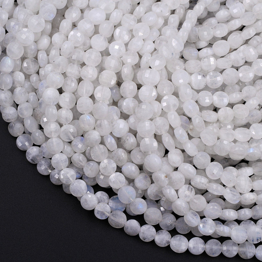 Faceted 6mm Rainbow Moonstone Coin Beads Flat Disc Dazzling Facets Gemstone 16" Strand