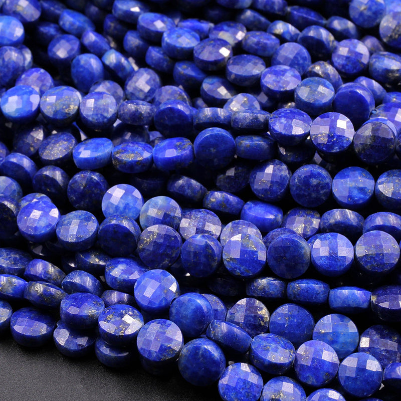 Faceted 6mm Blue Lapis Coin Beads Flat Disc Dazzling Facets Natural Gemstone 16" Strand