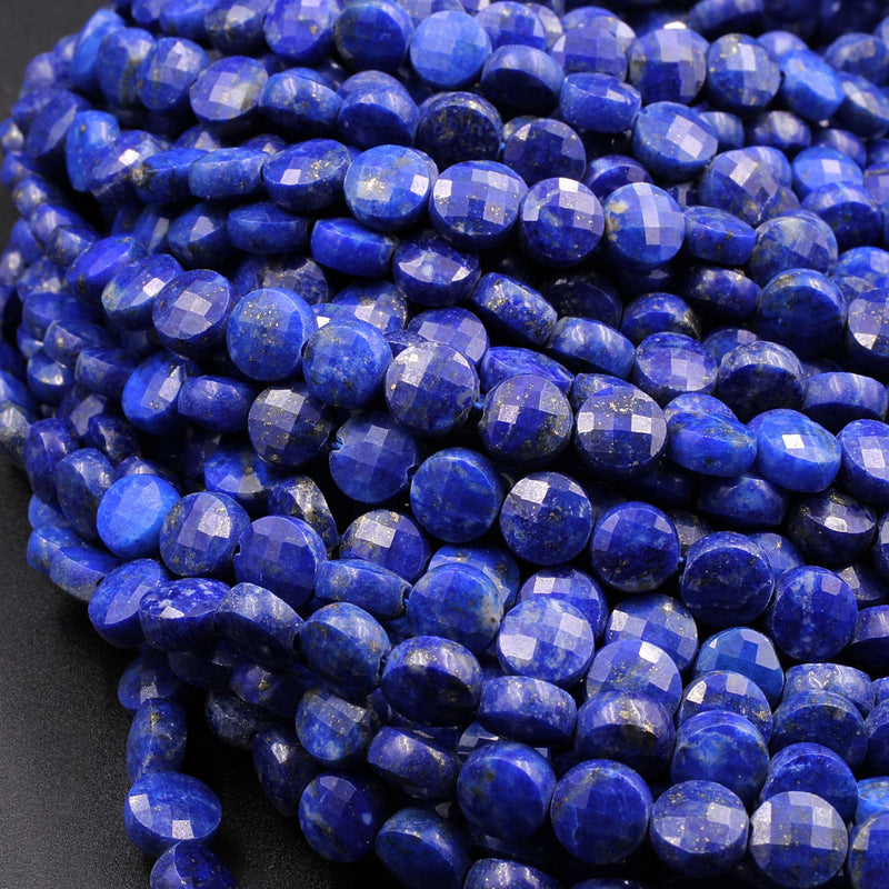 Faceted 6mm Blue Lapis Coin Beads Flat Disc Dazzling Facets Natural Gemstone 16" Strand