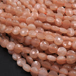 Faceted 6mm Peach Moonstone Coin Beads Flat Disc Dazzling Facets Natural Gemstone 16" Strand